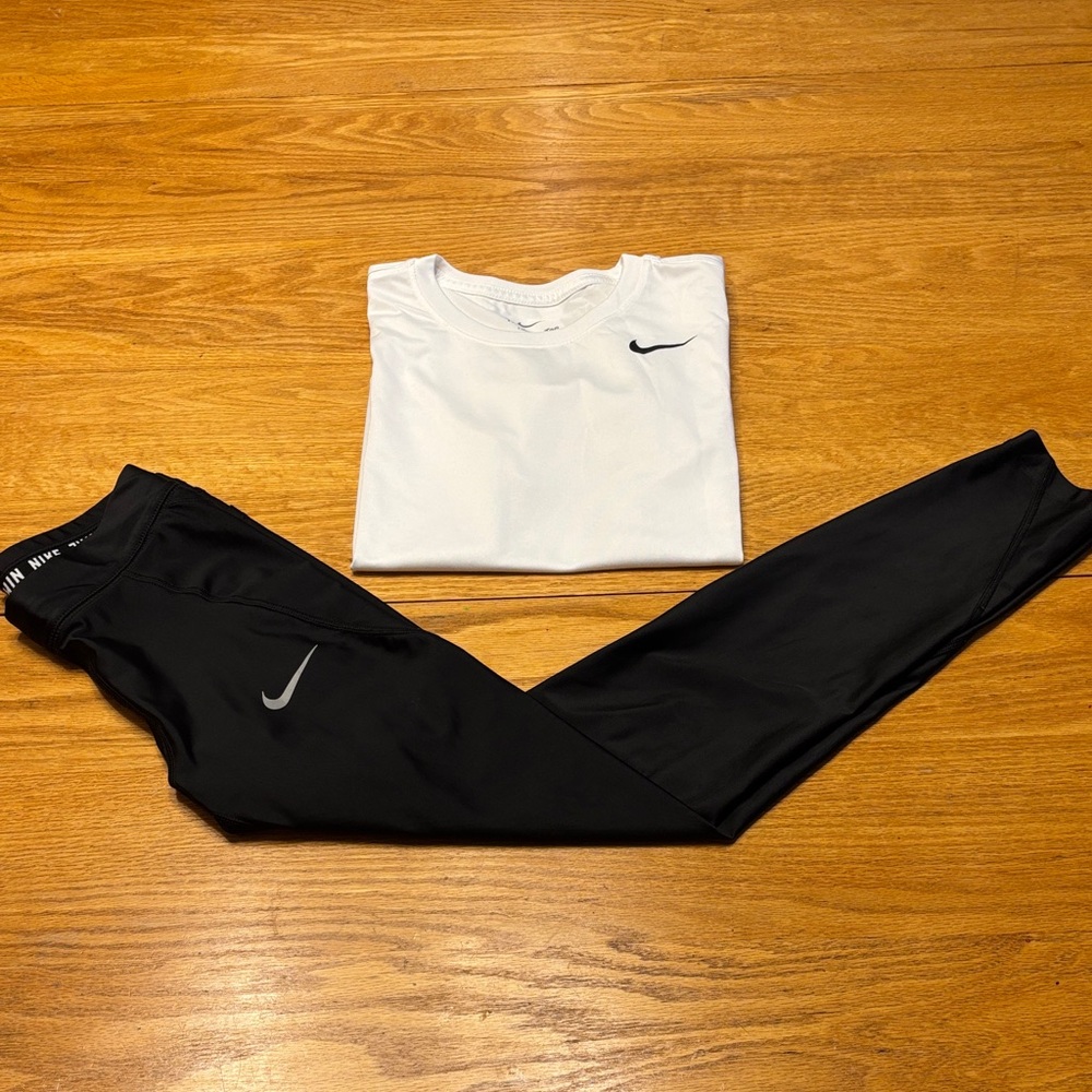 Two Nike Girls White shirts and Black Leggings Combo a short and long sleeve T. - Picture 4 of 14